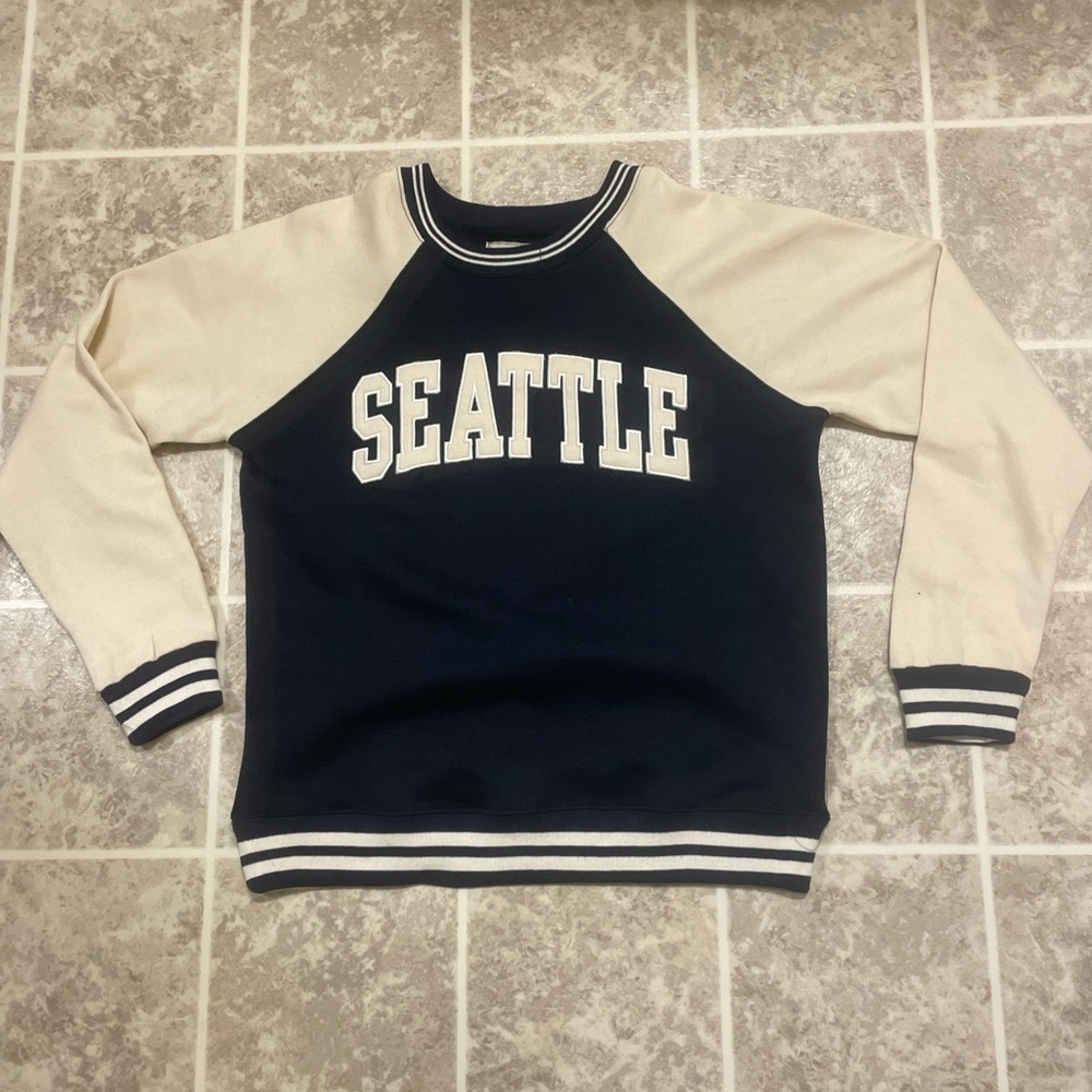 Blue and Cream Crewneck Sweater with Retro Athletic Design